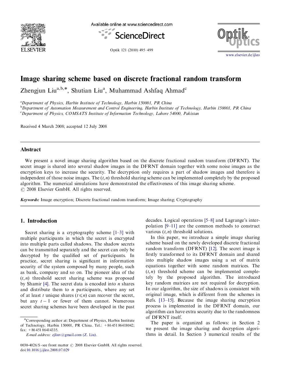 Image sharing scheme based on discrete fractional random transform