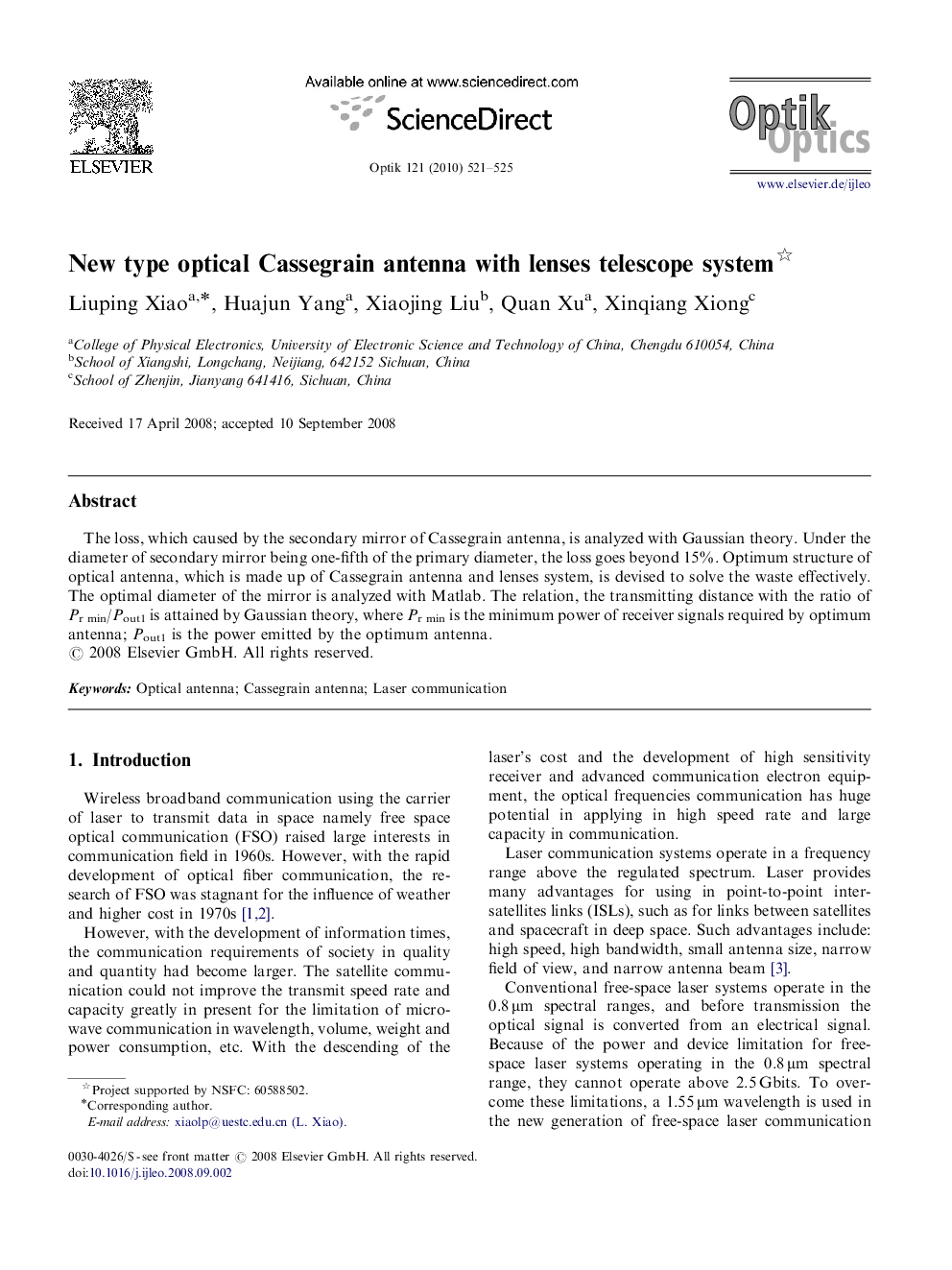 New type optical Cassegrain antenna with lenses telescope system 