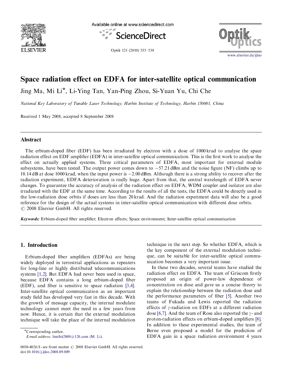 Space radiation effect on EDFA for inter-satellite optical communication