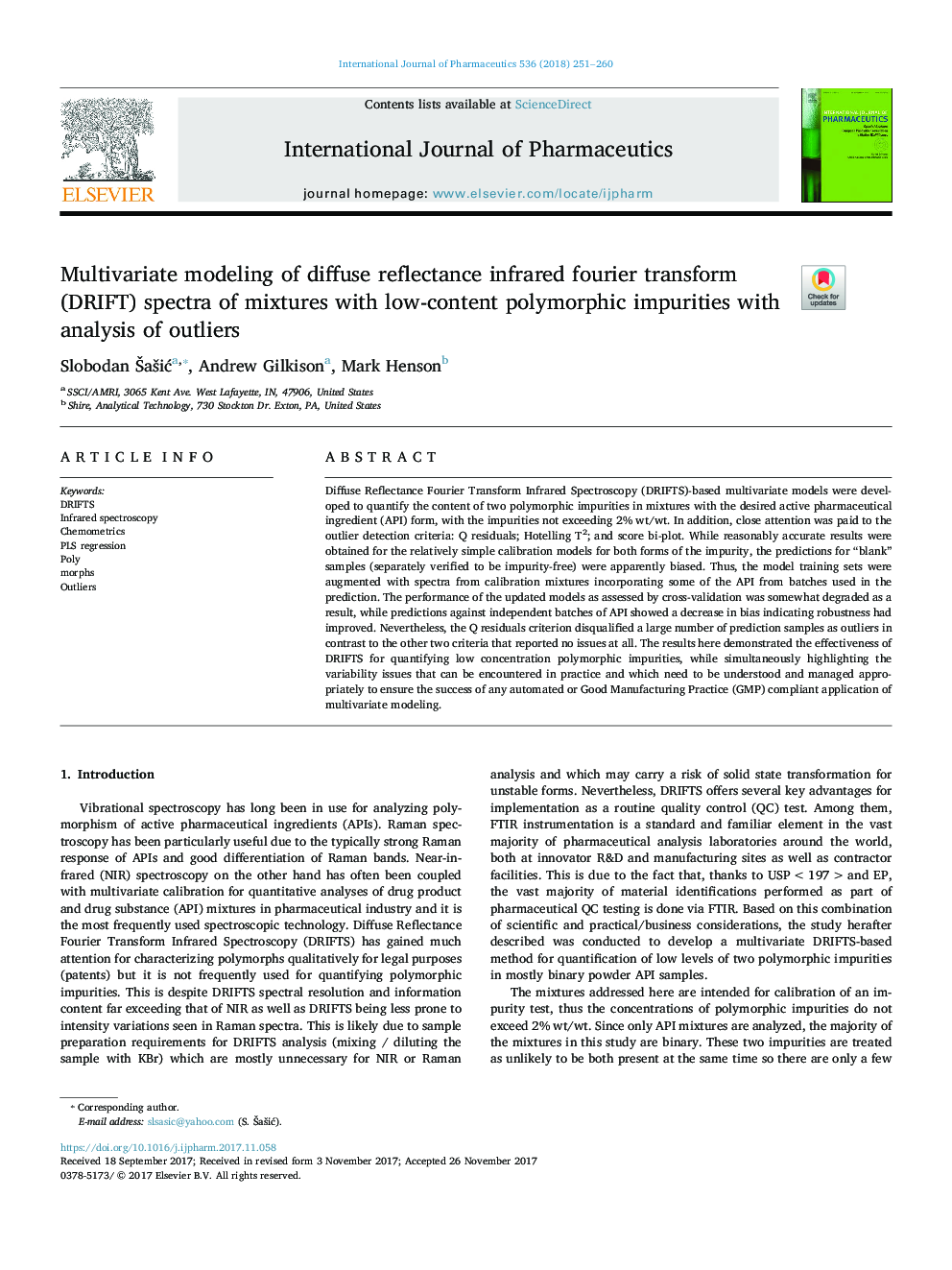 Multivariate modeling of diffuse reflectance infrared fourier transform (DRIFT) spectra of mixtures with low-content polymorphic impurities with analysis of outliers