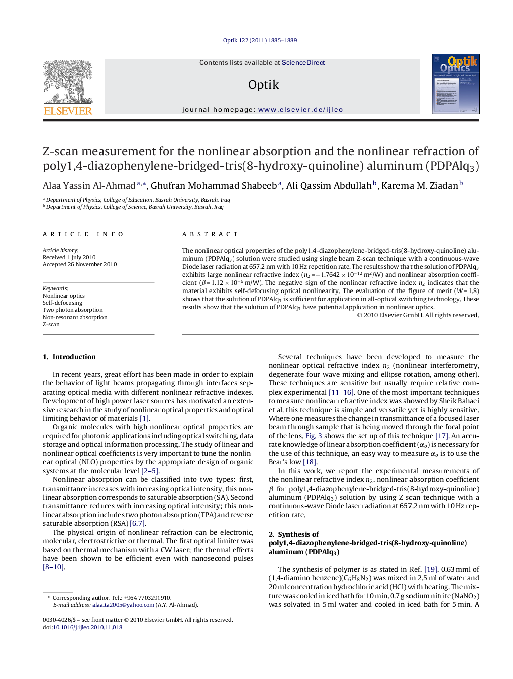 Z-scan measurement for the nonlinear absorption and the nonlinear refraction of poly1,4-diazophenylene-bridged-tris(8-hydroxy-quinoline) aluminum (PDPAlq3)