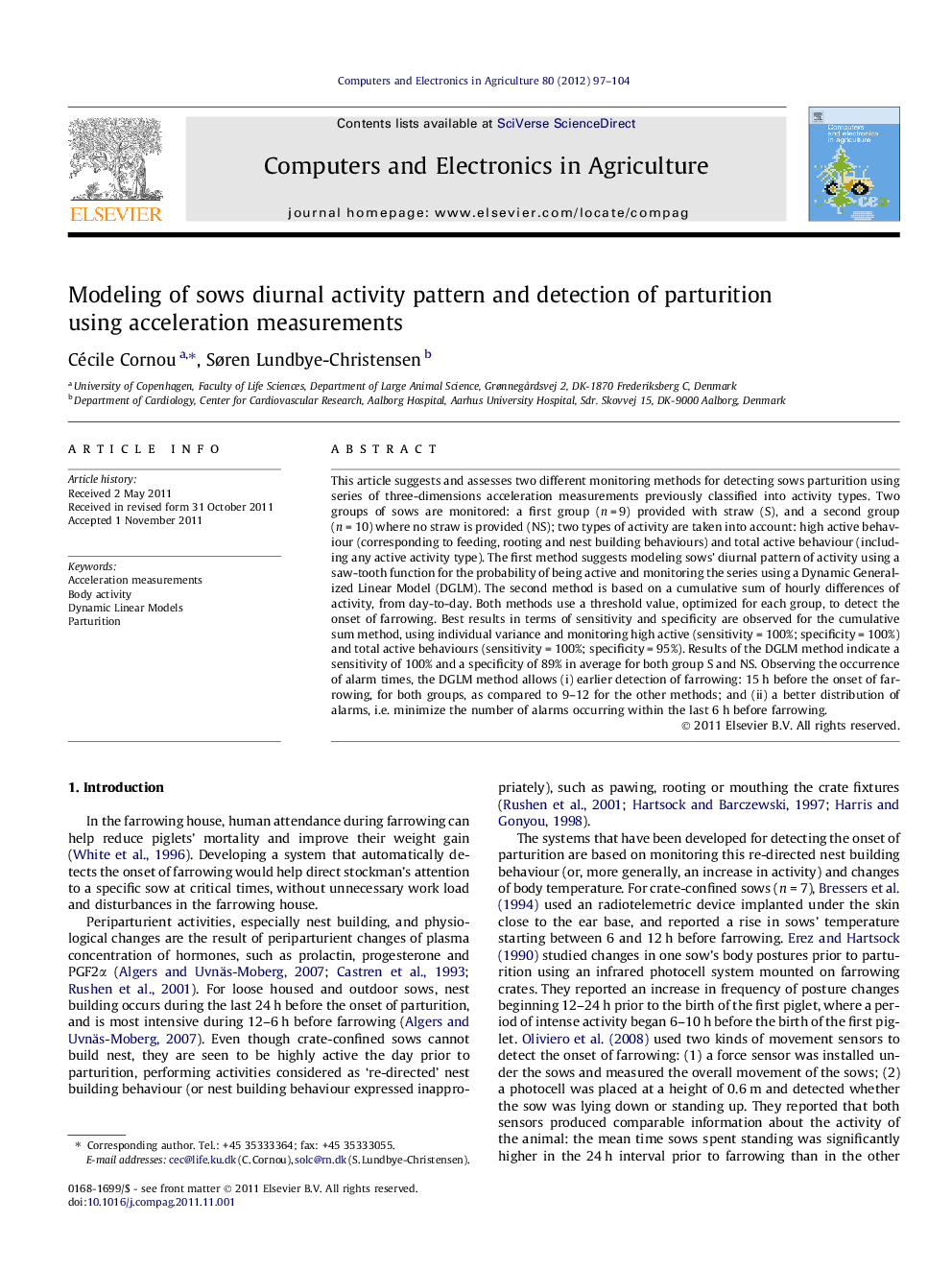 Modeling of sows diurnal activity pattern and detection of parturition using acceleration measurements