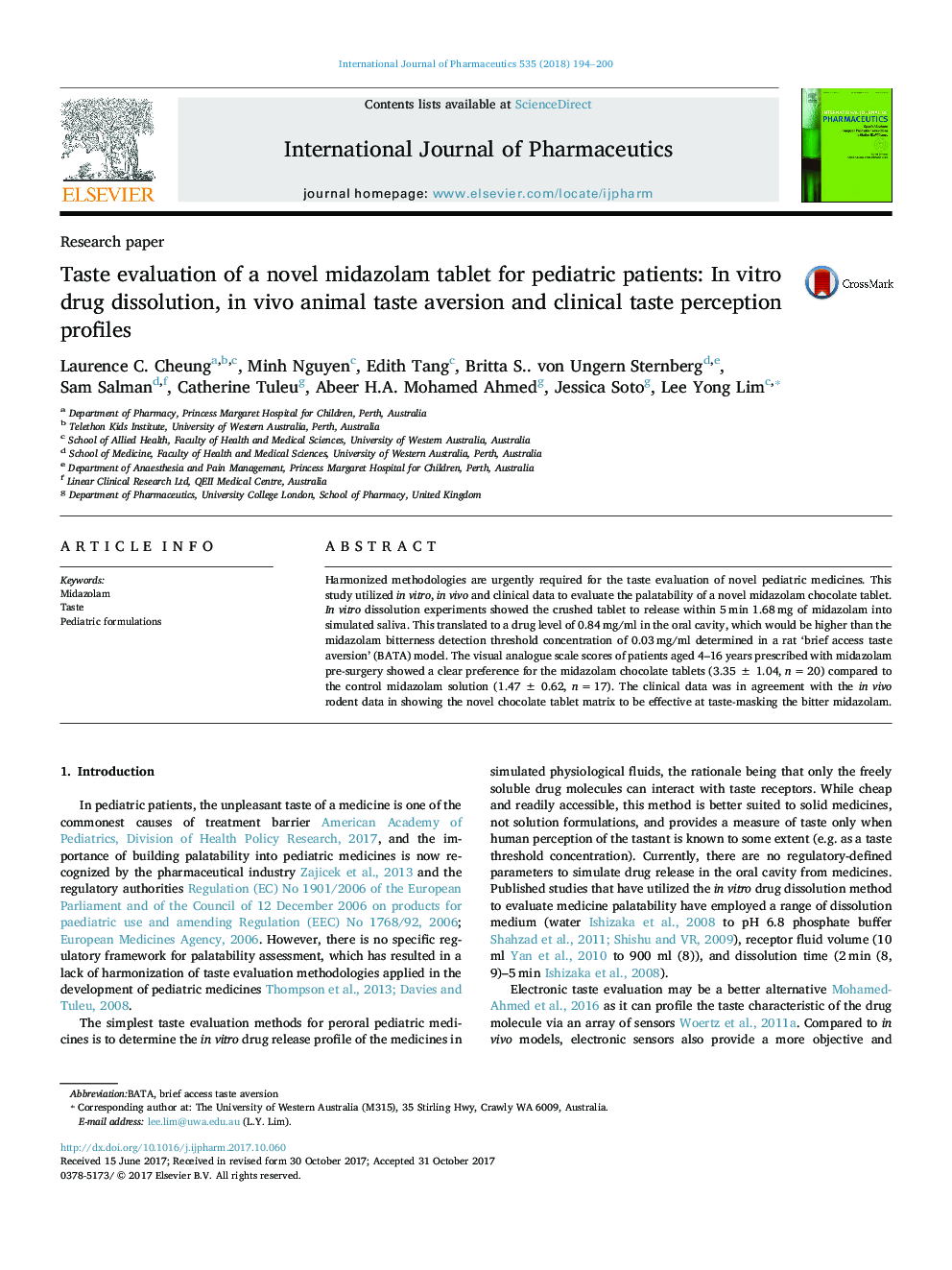 Taste evaluation of a novel midazolam tablet for pediatric patients: In vitro drug dissolution, in vivo animal taste aversion and clinical taste perception profiles