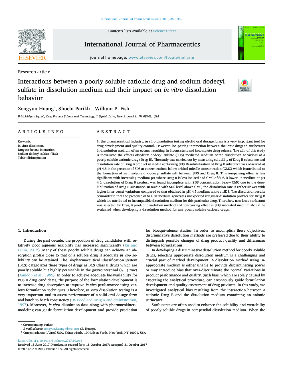 Interactions between a poorly soluble cationic drug and sodium dodecyl sulfate in dissolution medium and their impact on in vitro dissolution behavior