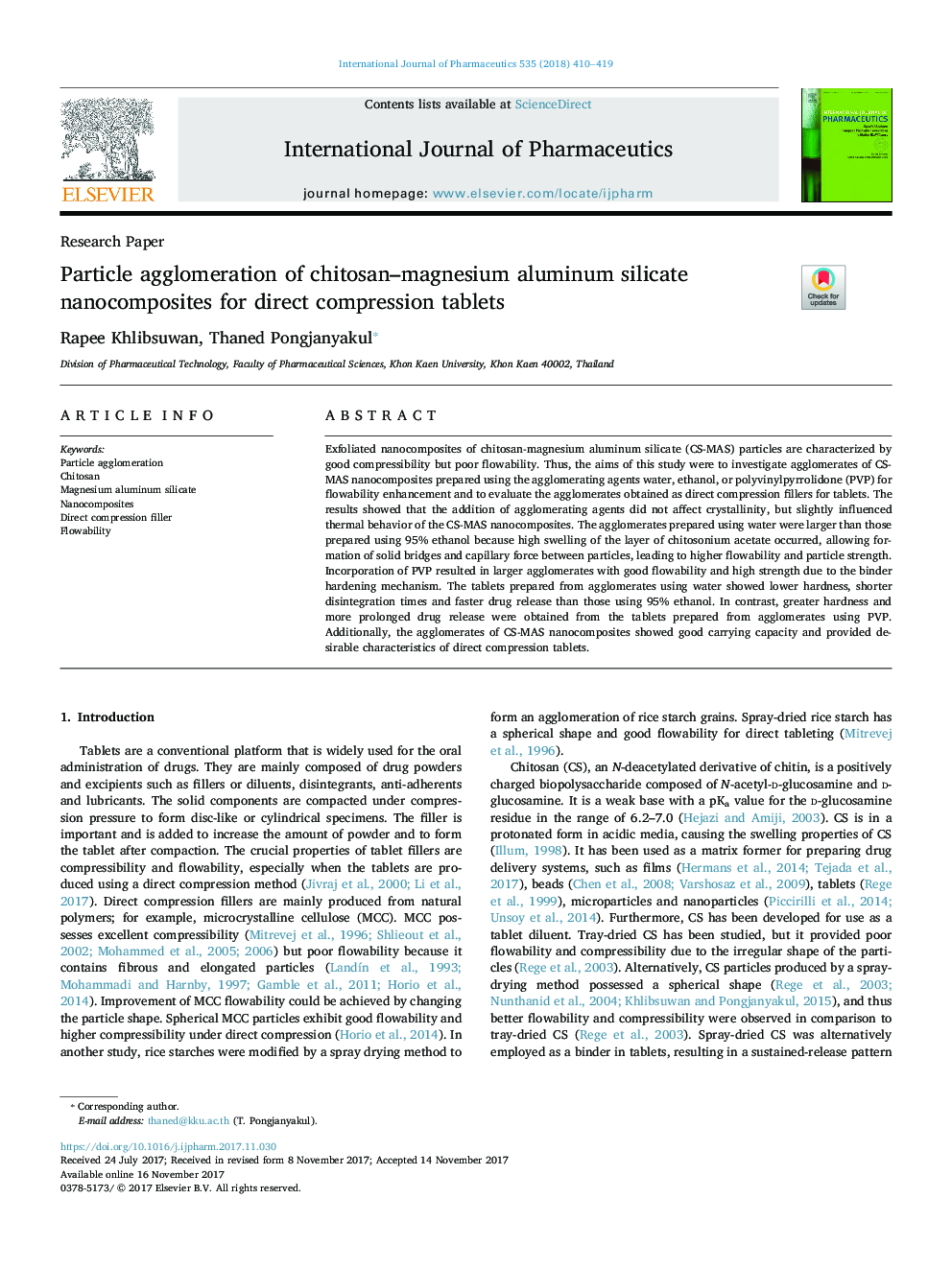 Particle agglomeration of chitosan-magnesium aluminum silicate nanocomposites for direct compression tablets