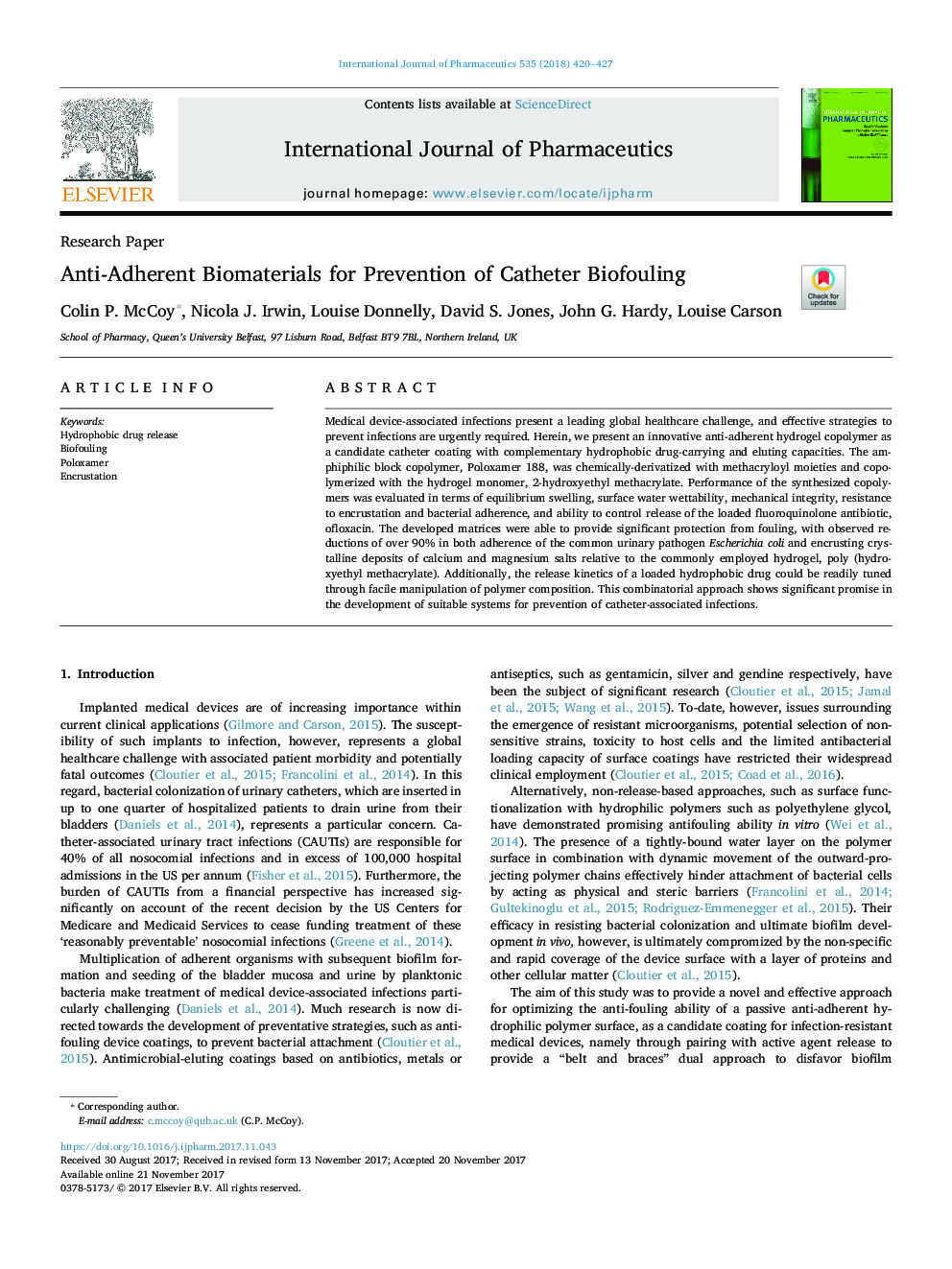 Anti-Adherent Biomaterials for Prevention of Catheter Biofouling