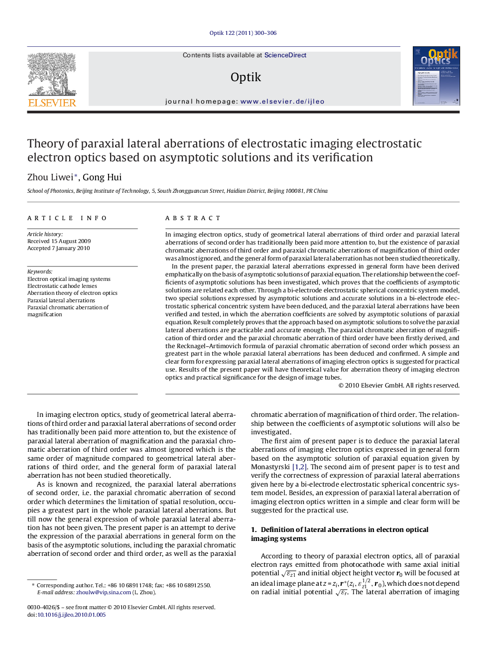 Theory of paraxial lateral aberrations of electrostatic imaging electrostatic electron optics based on asymptotic solutions and its verification