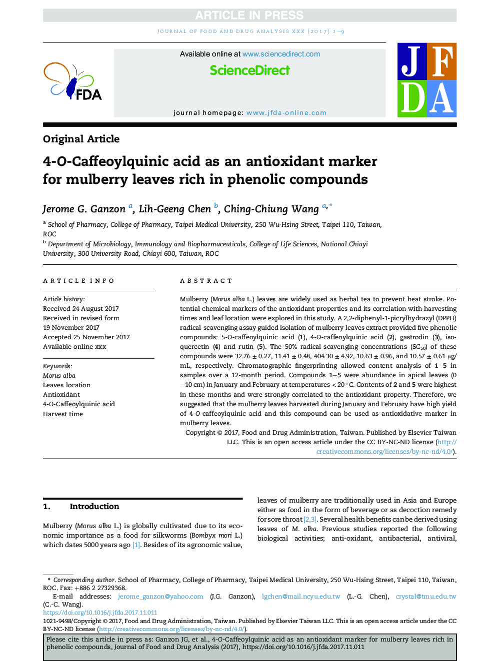 4-O-Caffeoylquinic acid as an antioxidant marker for mulberry leaves rich in phenolic compounds