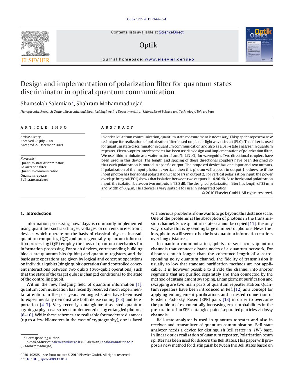 Design and implementation of polarization filter for quantum states discriminator in optical quantum communication