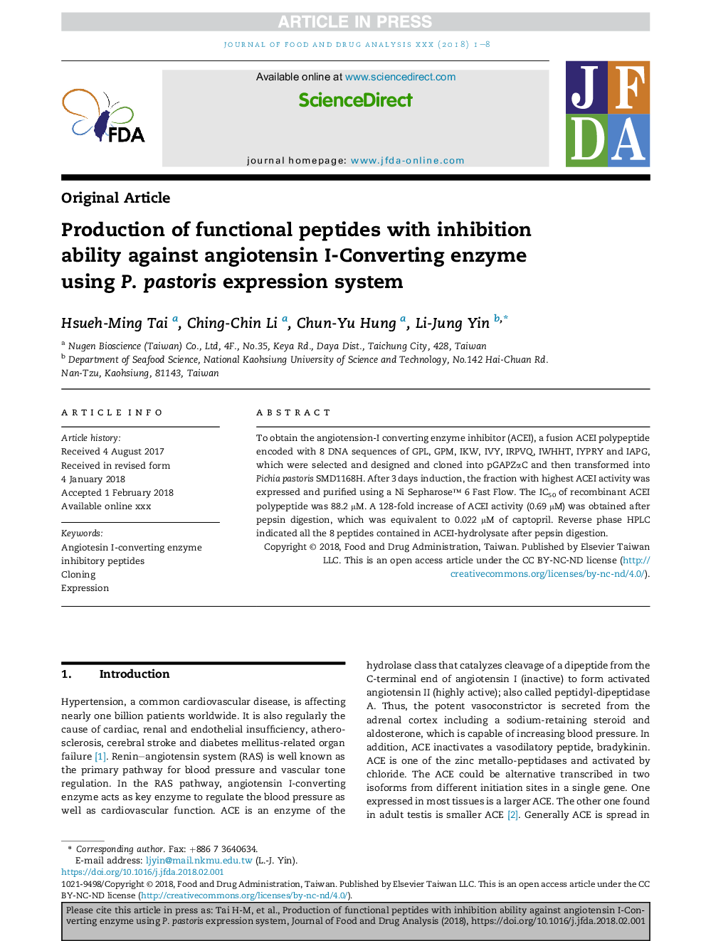 Production of functional peptides with inhibition ability against angiotensin I-Converting enzyme using P. pastoris expression system