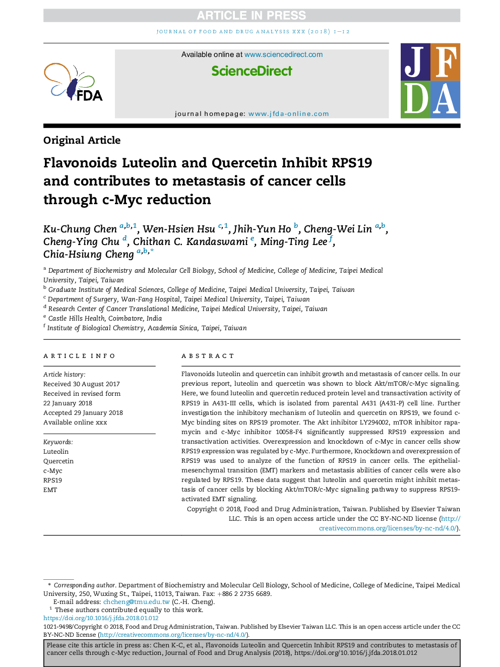 Flavonoids Luteolin and Quercetin Inhibit RPS19 and contributes to metastasis of cancer cells through c-Myc reduction