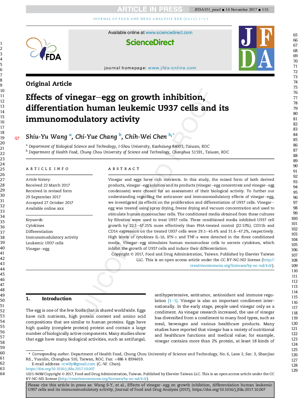 Effects of vinegar-egg on growth inhibition, differentiation human leukemic U937Â cells and its immunomodulatory activity