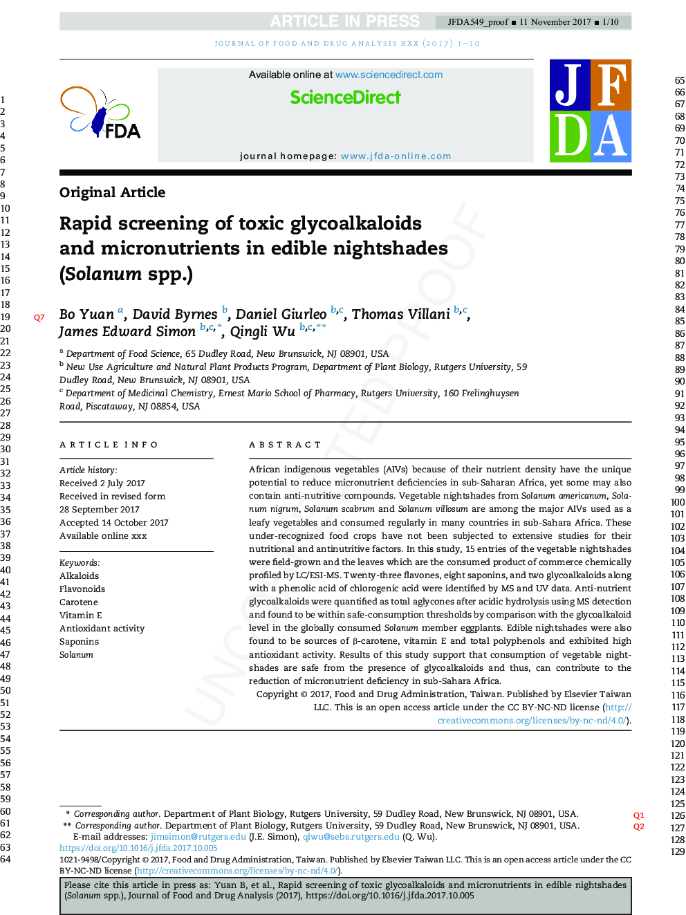 Rapid screening of toxic glycoalkaloids and micronutrients in edible nightshades (Solanum spp.)