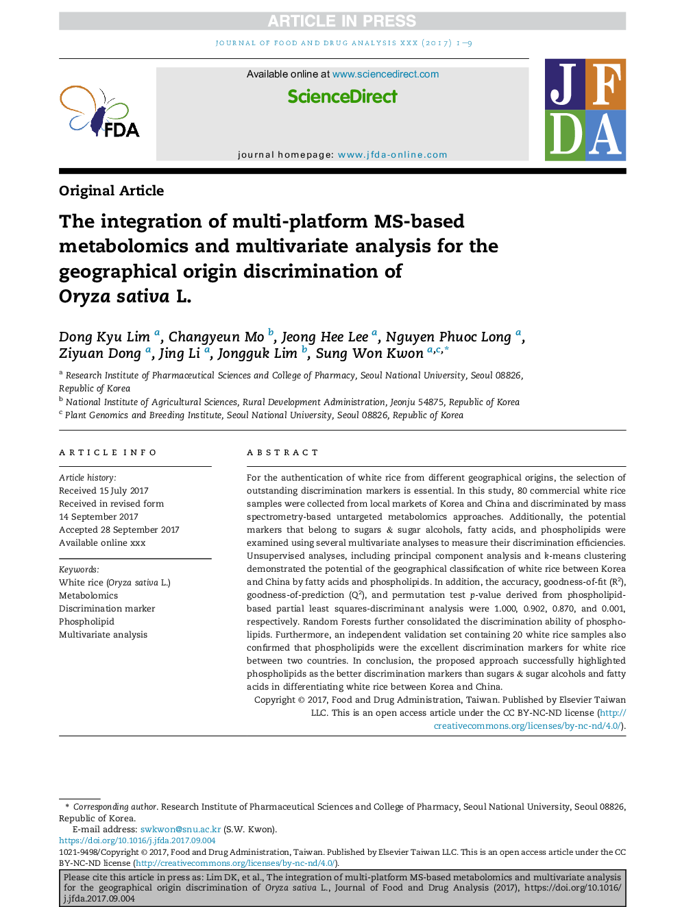 The integration of multi-platform MS-based metabolomics and multivariate analysis forÂ the geographical origin discrimination of OryzaÂ sativaÂ L.