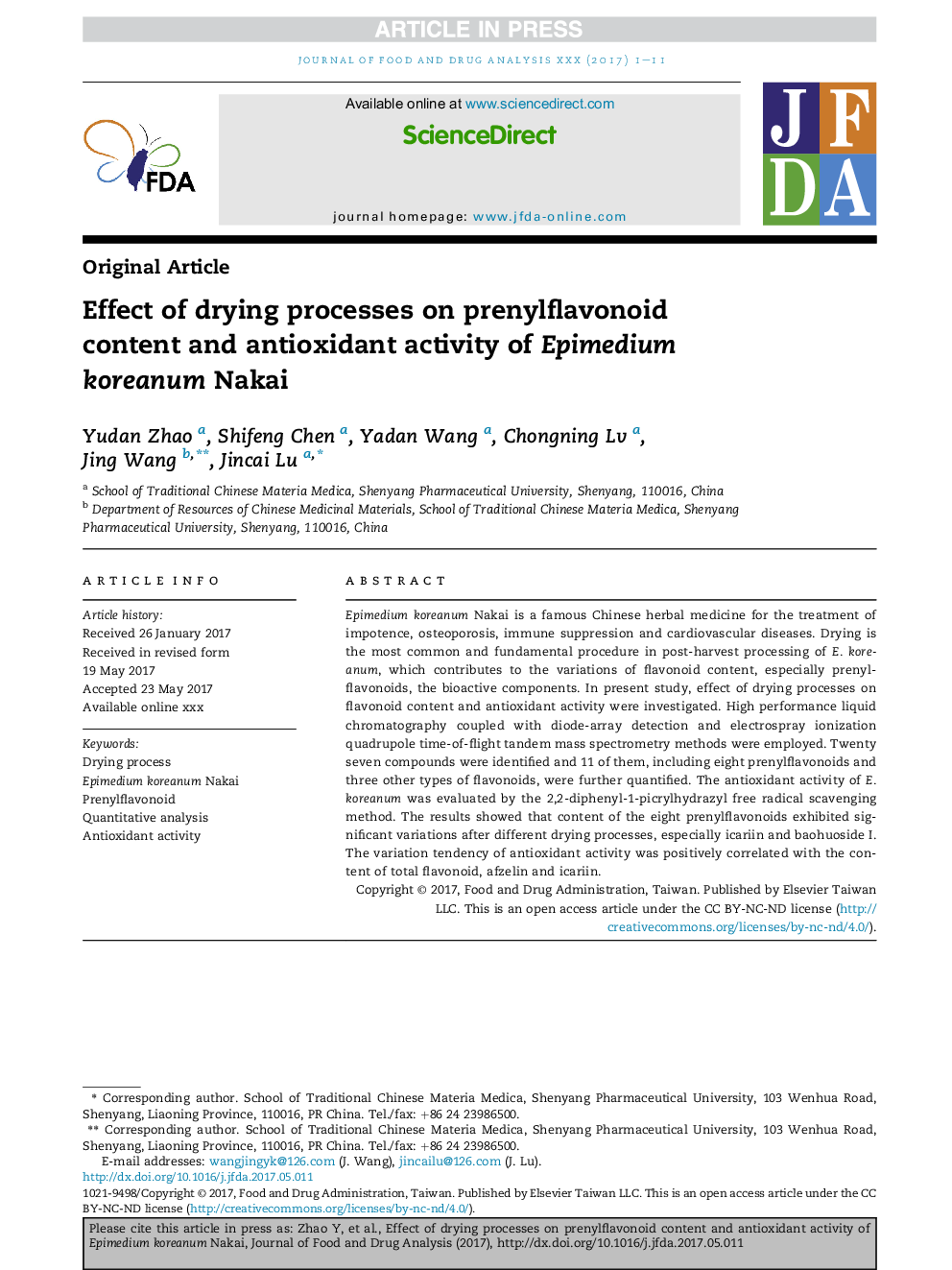 Effect of drying processes on prenylflavonoid content and antioxidant activity of Epimedium koreanum Nakai