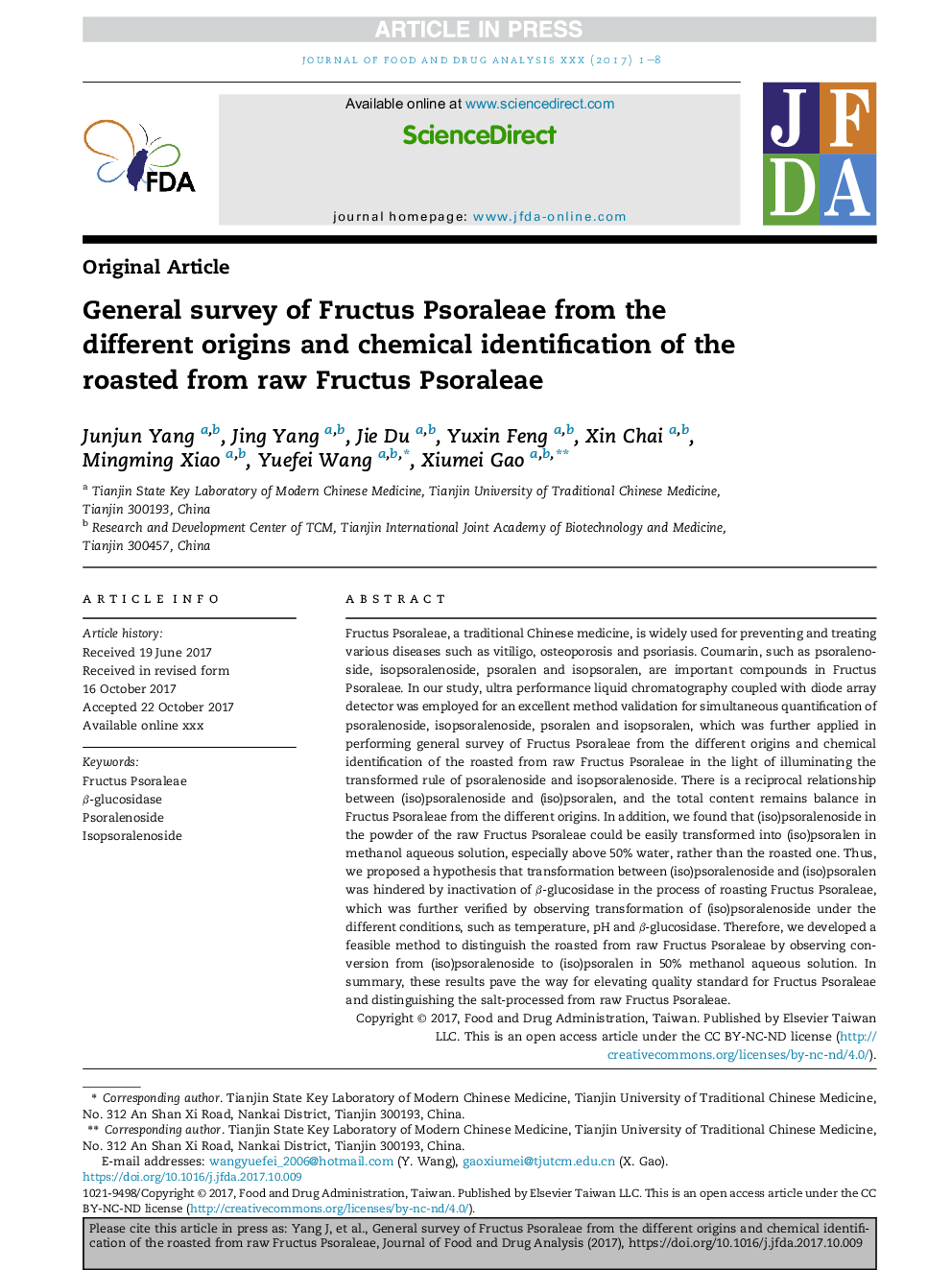 General survey of Fructus Psoraleae from the different origins and chemical identification of the roasted from raw Fructus Psoraleae