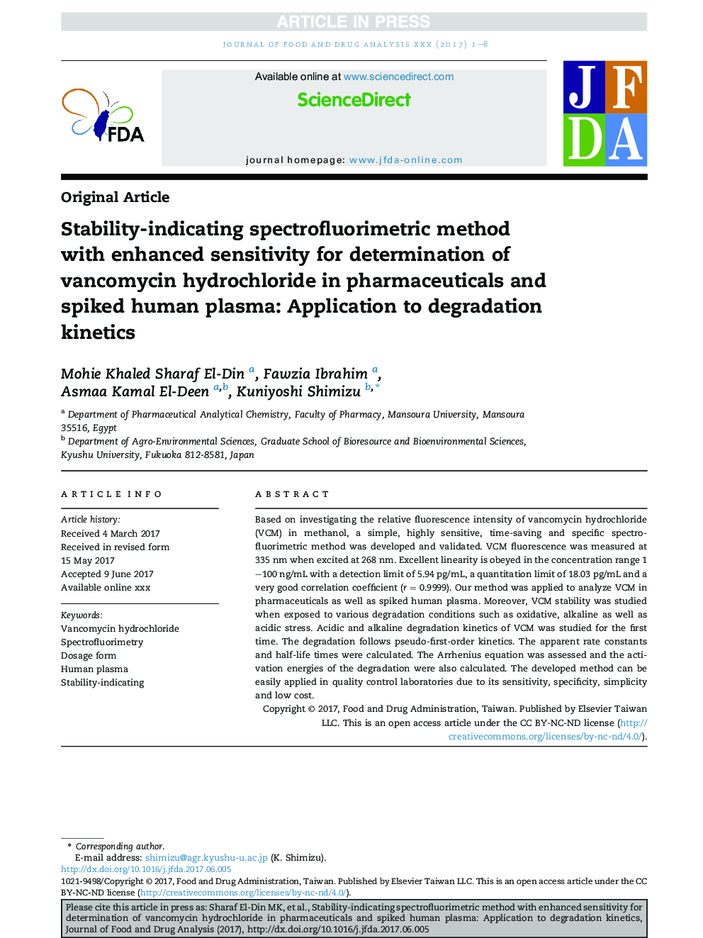 Stability-indicating spectrofluorimetric method with enhanced sensitivity for determination of vancomycin hydrochloride in pharmaceuticals and spiked human plasma: Application to degradation kinetics