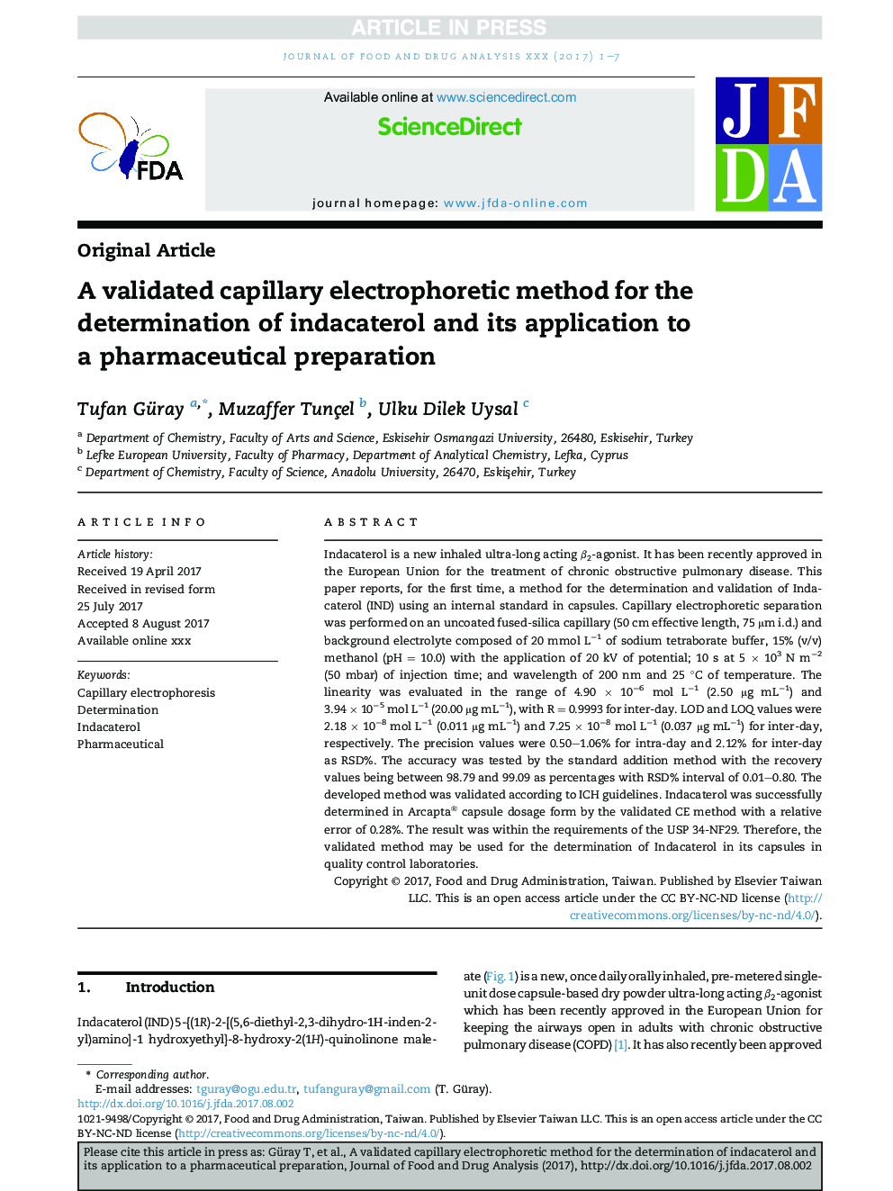 A validated capillary electrophoretic method for the determination of indacaterol and its application to a pharmaceutical preparation