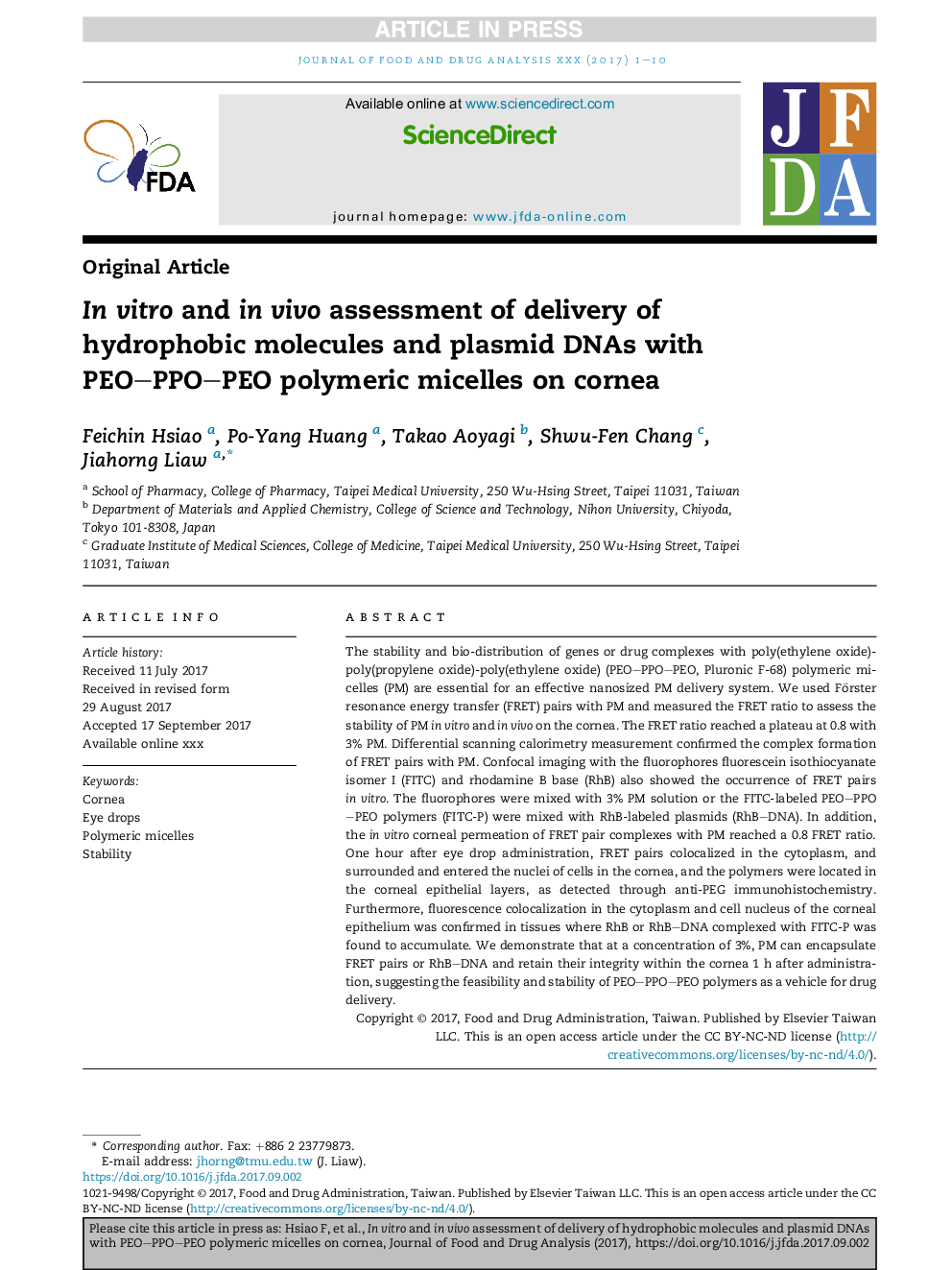 InÂ vitro and inÂ vivo assessment of delivery of hydrophobic molecules and plasmid DNAs with PEO-PPO-PEO polymeric micelles on cornea