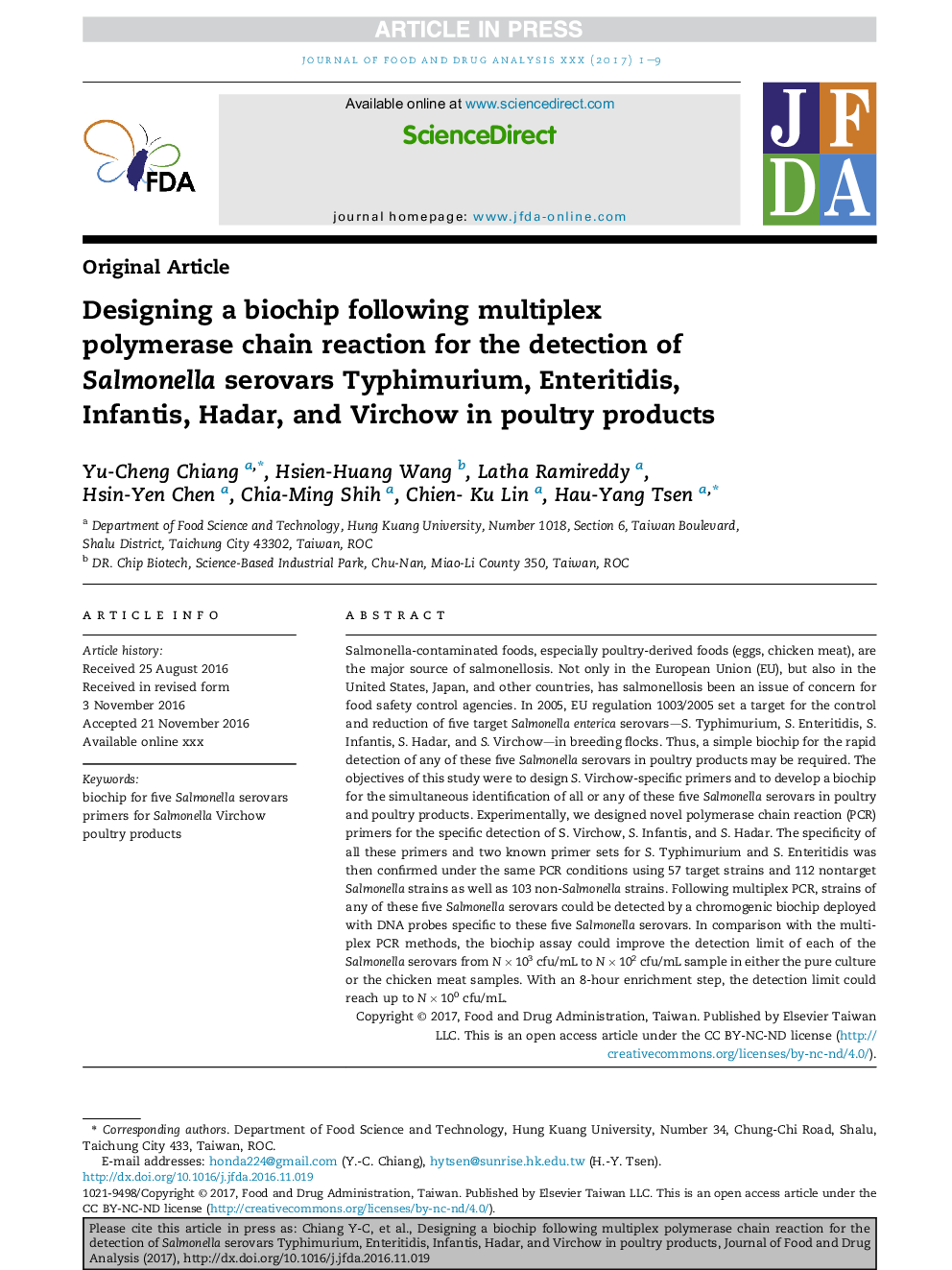 Designing a biochip following multiplex polymerase chain reaction for the detection of Salmonella serovars Typhimurium, Enteritidis, Infantis, Hadar, and Virchow in poultry products