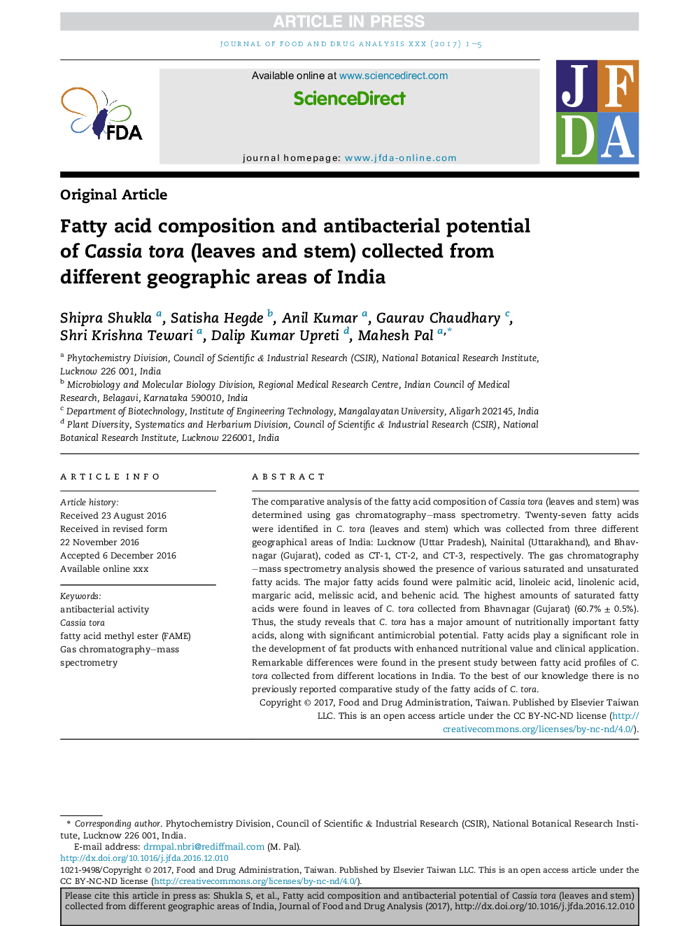 Fatty acid composition and antibacterial potential of Cassia tora (leaves and stem) collected from different geographic areas of India