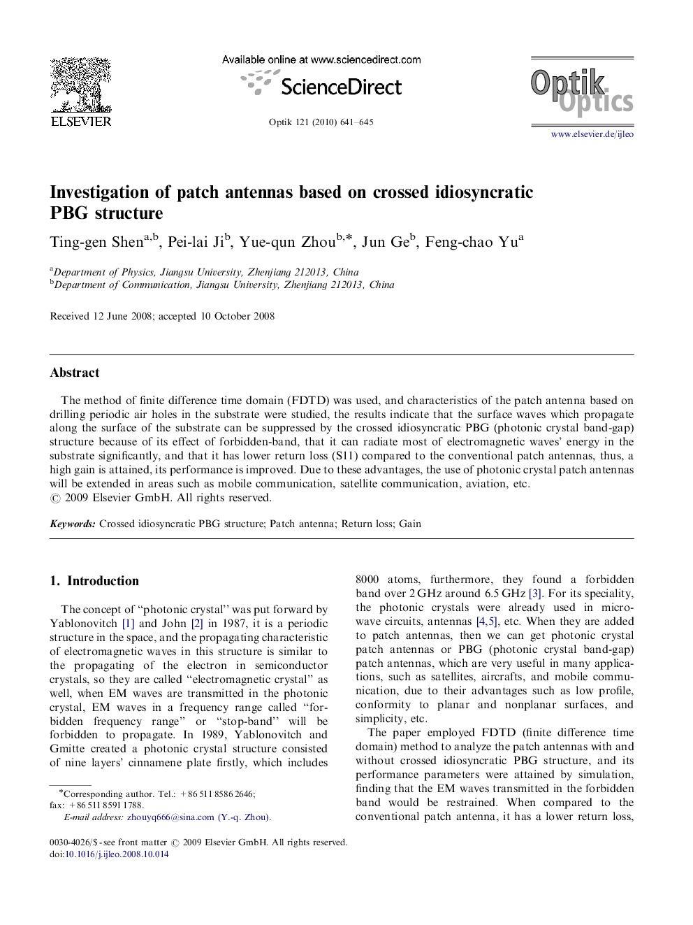 عکس صفحه اول مقاله: Investigation of patch antennas based on crossed idiosyncratic PBG structure Investigation of patch antennas based on crossed idiosyncratic PBG structure