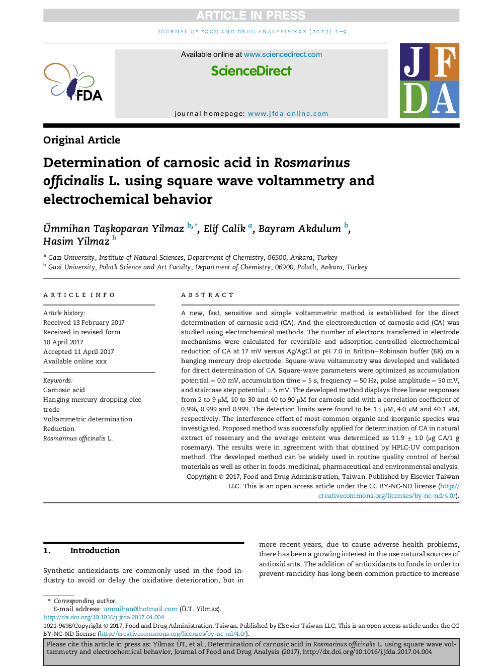 Determination of carnosic acid in Rosmarinus officinalis L. using square wave voltammetry and electrochemical behavior