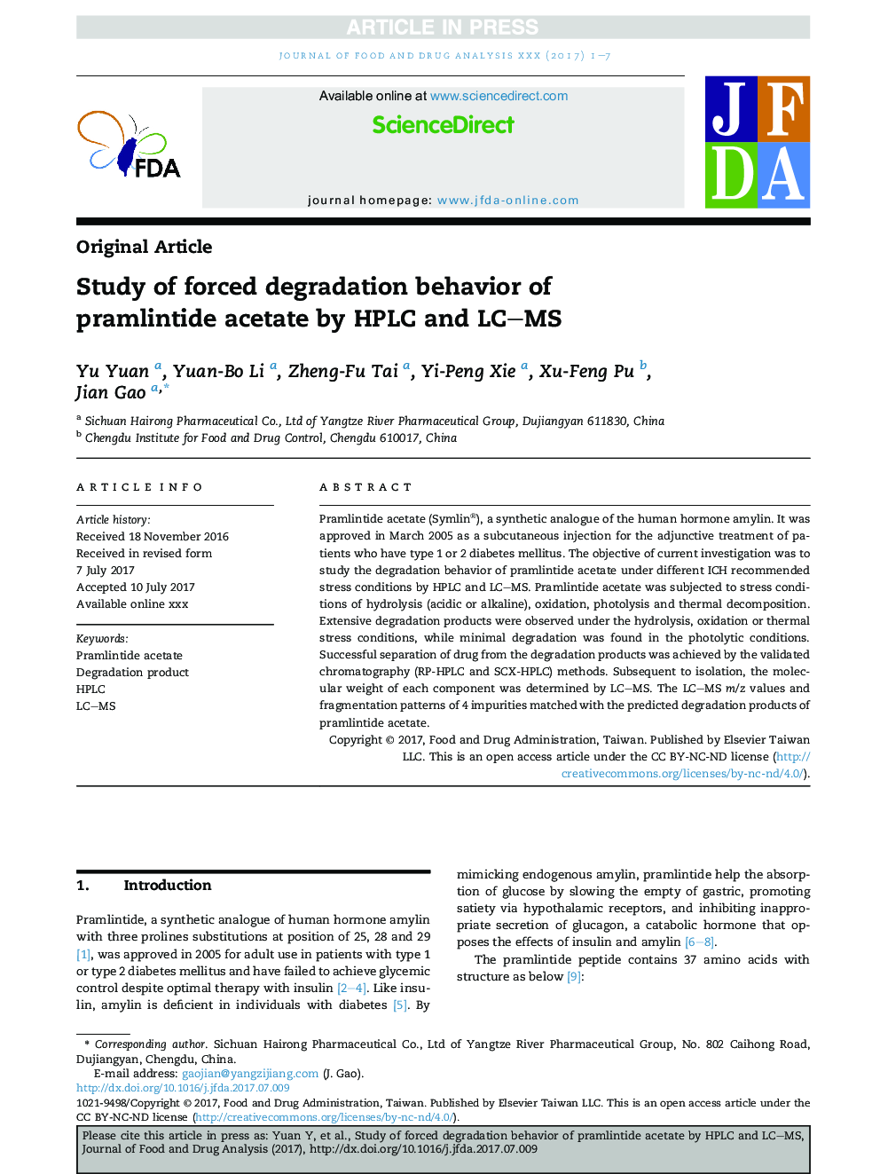 Study of forced degradation behavior of pramlintide acetate by HPLC and LC-MS