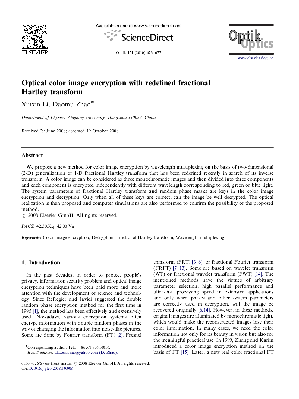 Optical color image encryption with redefined fractional Hartley transform