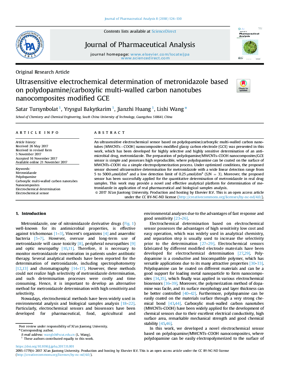 Ultrasensitive electrochemical determination of metronidazole based on polydopamine/carboxylic multi-walled carbon nanotubes nanocomposites modified GCE