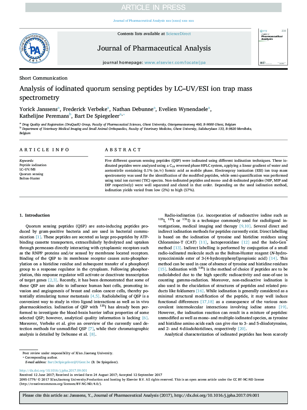 Analysis of iodinated quorum sensing peptides by LC-UV/ESI ion trap mass spectrometry