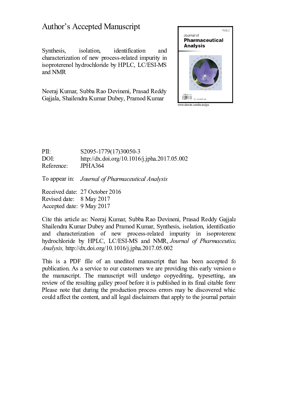 Synthesis, isolation, identification and characterization of new process-related impurity in isoproterenol hydrochloride by HPLC, LC/ESI-MS and NMR