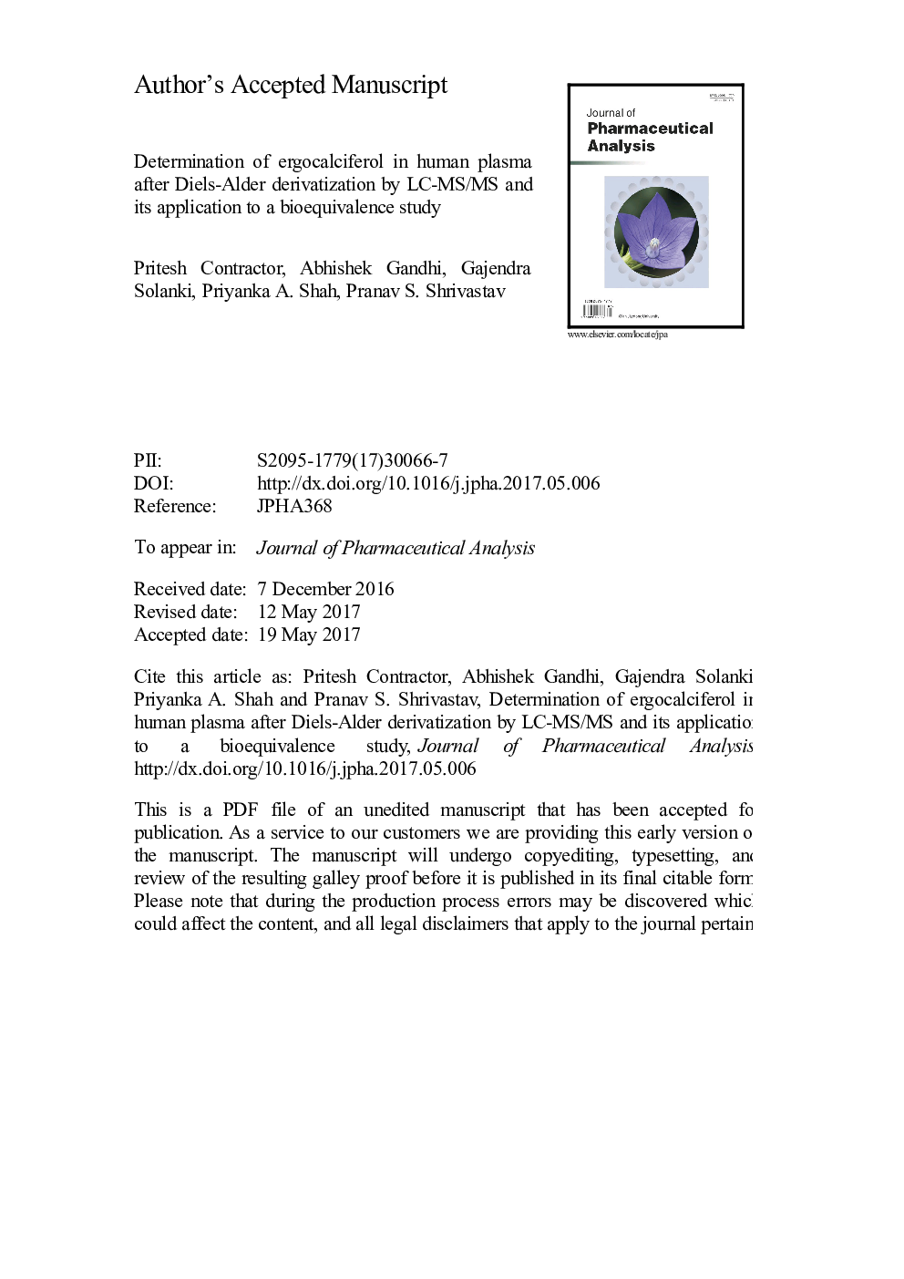 Determination of ergocalciferol in human plasma after Diels-Alder derivatization by LC-MS/MS and its application to a bioequivalence study