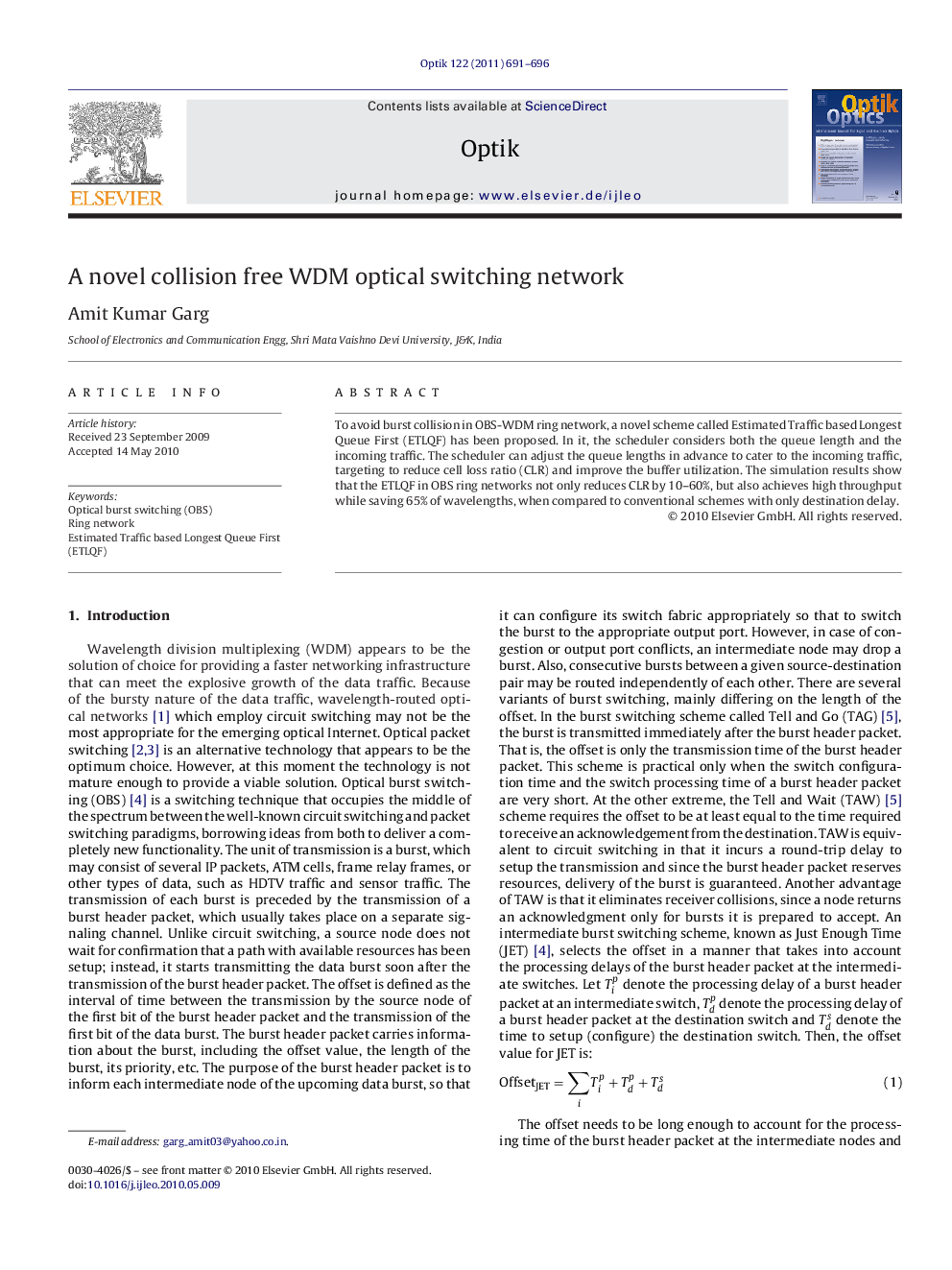 A novel collision free WDM optical switching network