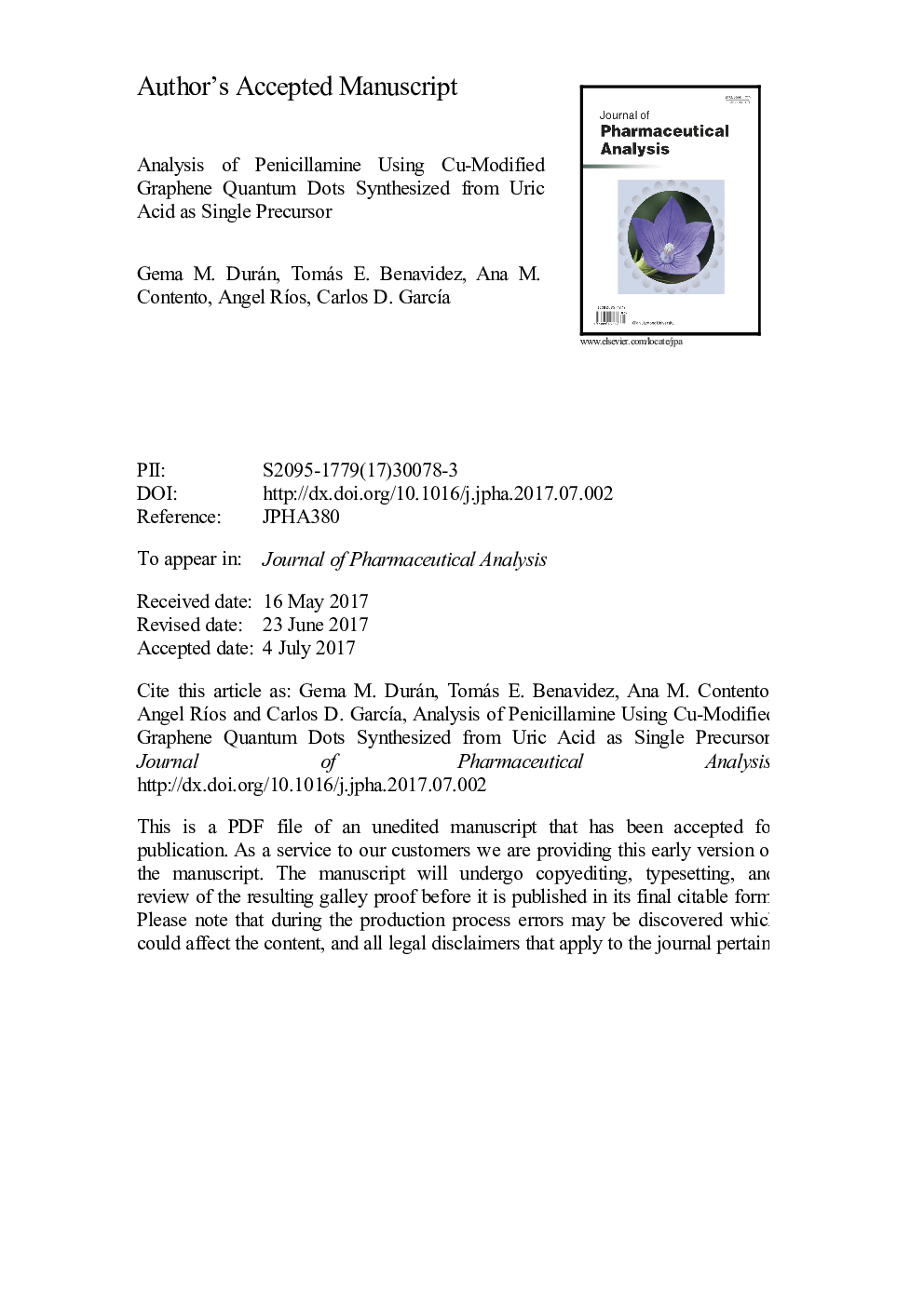 Analysis of penicillamine using Cu-modified graphene quantum dots synthesized from uric acid as single precursor