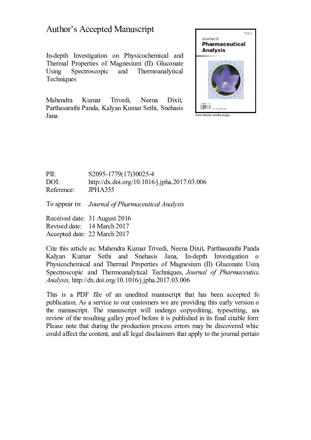 In-depth investigation on physicochemical and thermal properties of magnesium (II) gluconate using spectroscopic and thermoanalytical techniques