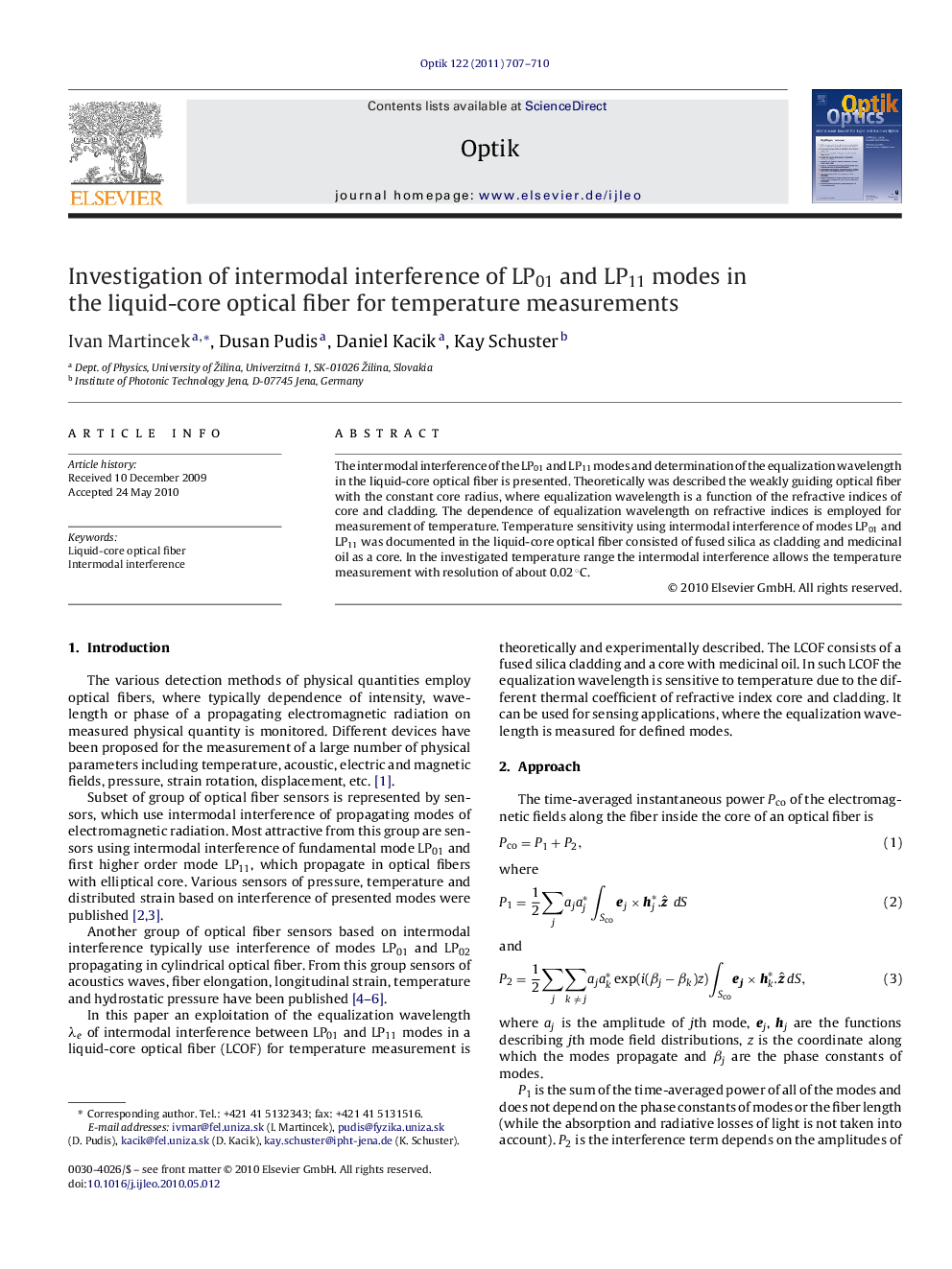 Investigation of intermodal interference of LP01 and LP11 modes in the liquid-core optical fiber for temperature measurements