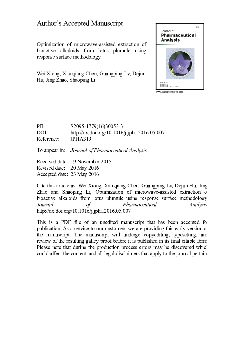 Optimization of microwave-assisted extraction of bioactive alkaloids from lotus plumule using response surface methodology