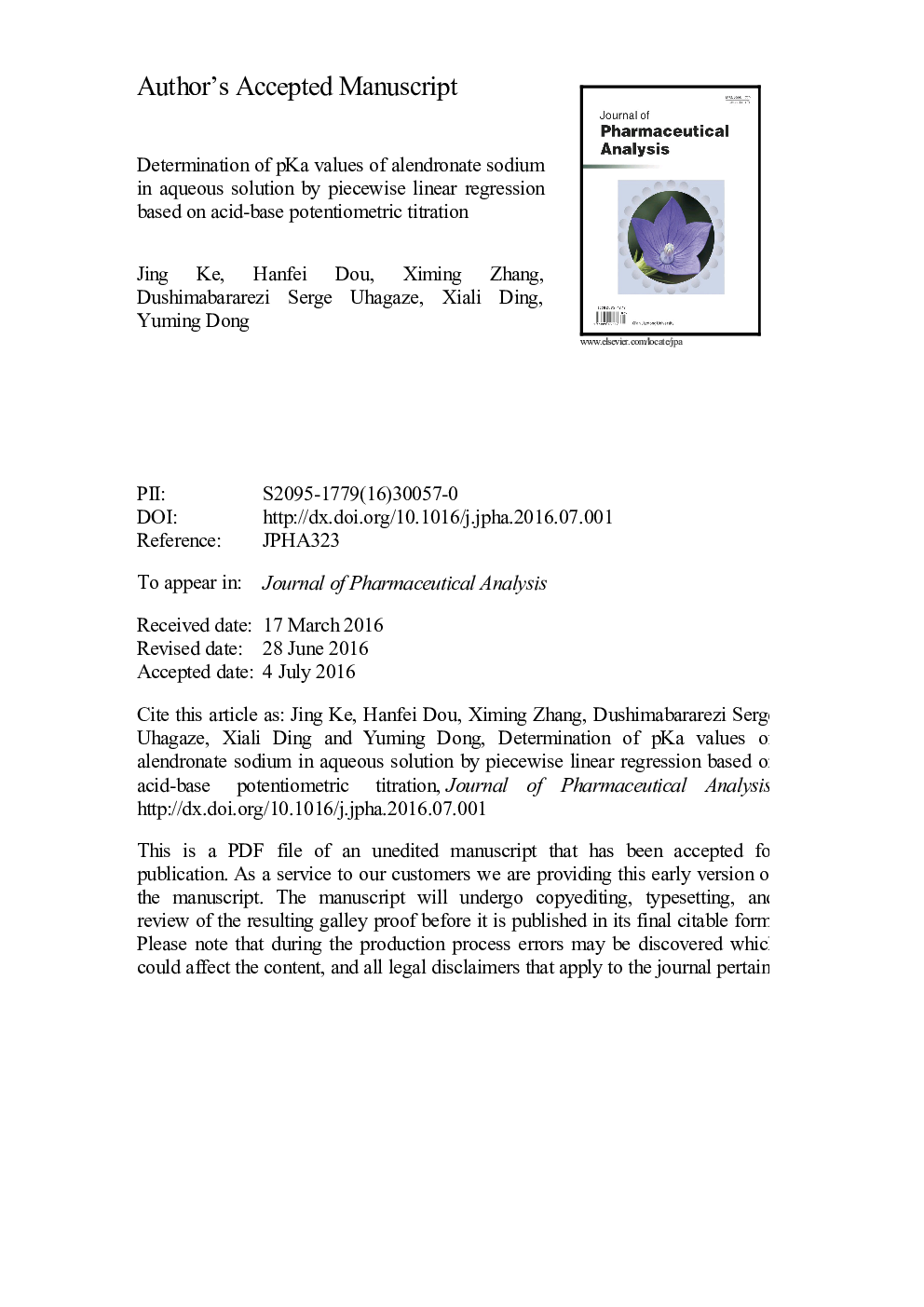 Determination of pKa values of alendronate sodium in aqueous solution by piecewise linear regression based on acid-base potentiometric titration