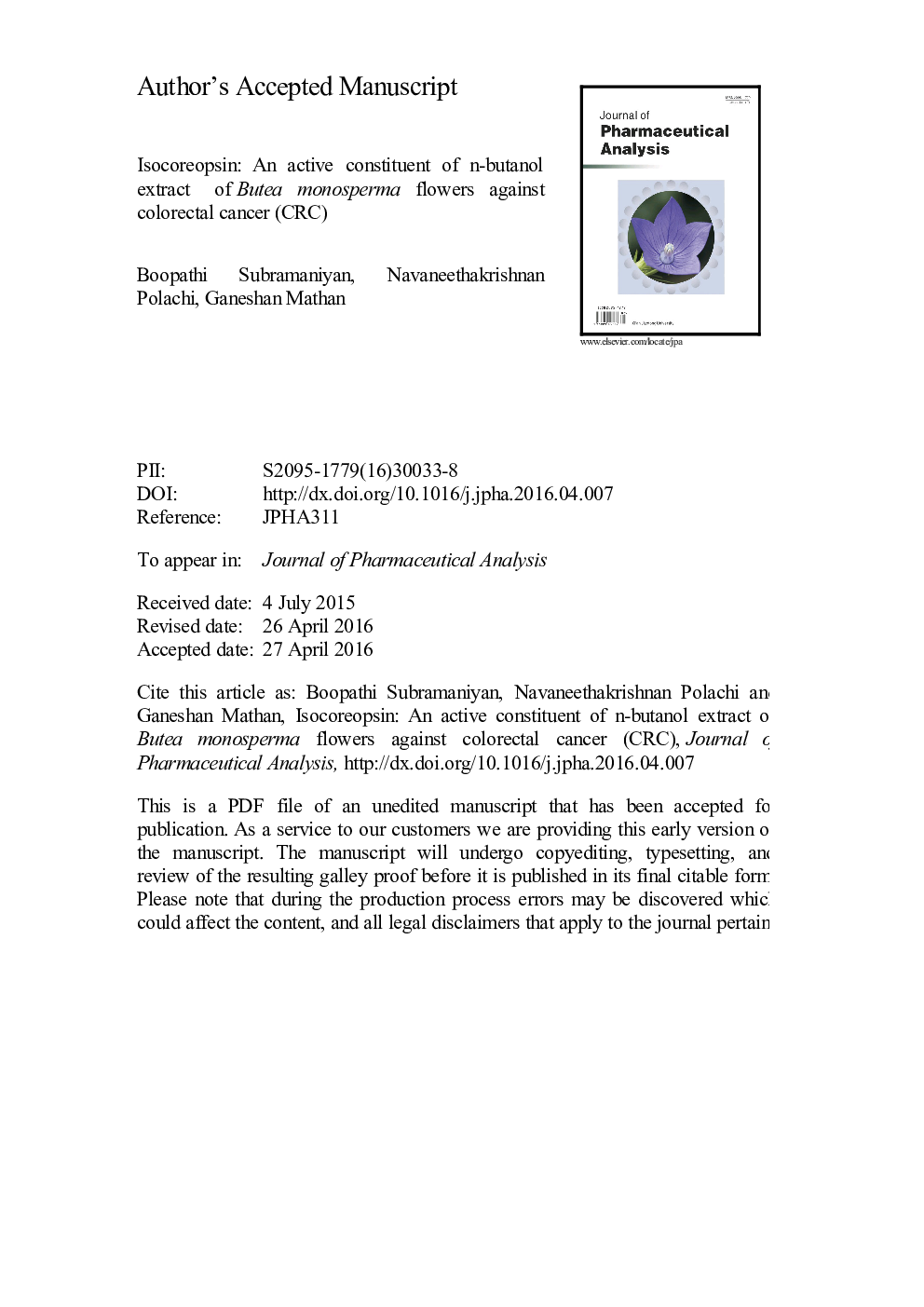 Isocoreopsin: An active constituent of n-butanol extract of Butea monosperma flowers against colorectal cancer (CRC)