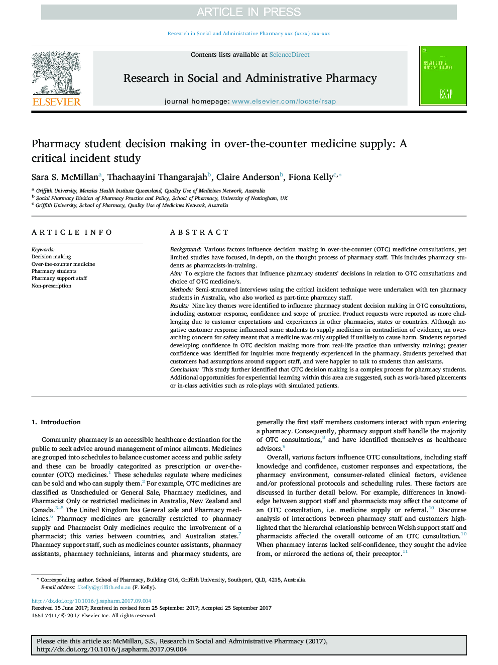 Pharmacy student decision making in over-the-counter medicine supply: A critical incident study