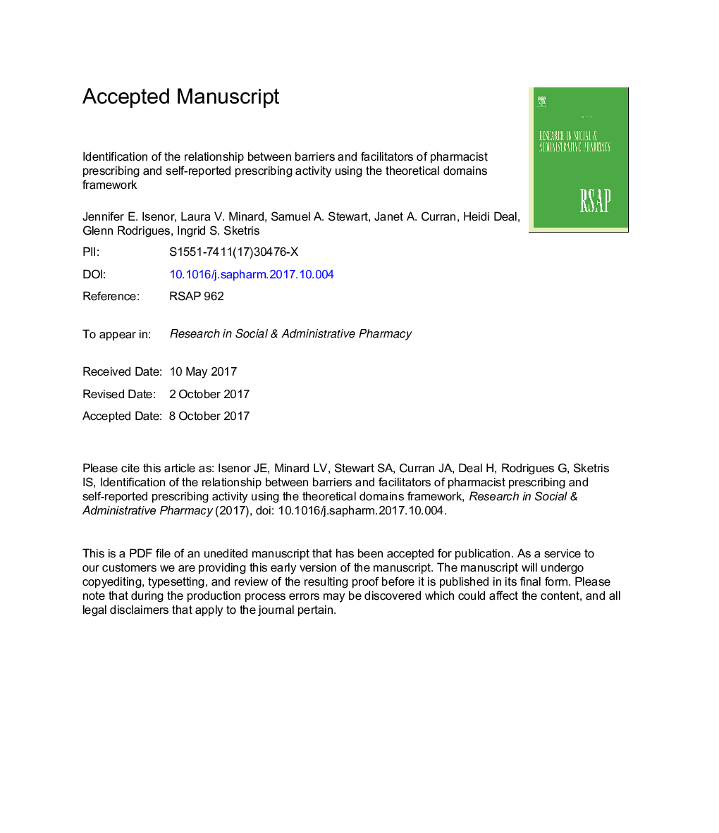 Identification of the relationship between barriers and facilitators of pharmacist prescribing and self-reported prescribing activity using the theoretical domains framework