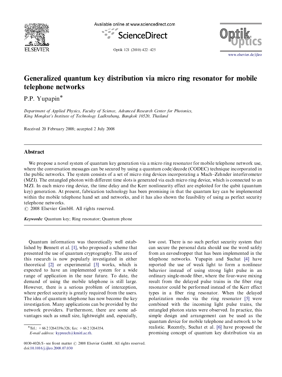 Generalized quantum key distribution via micro ring resonator for mobile telephone networks