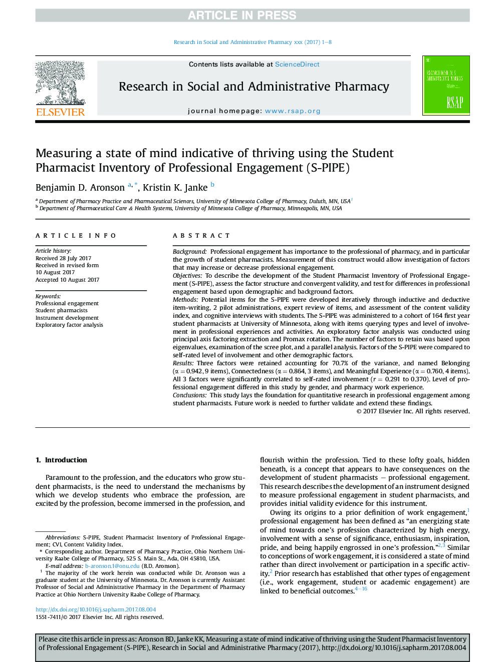 Measuring a state of mind indicative of thriving using the Student Pharmacist Inventory of Professional Engagement (S-PIPE)