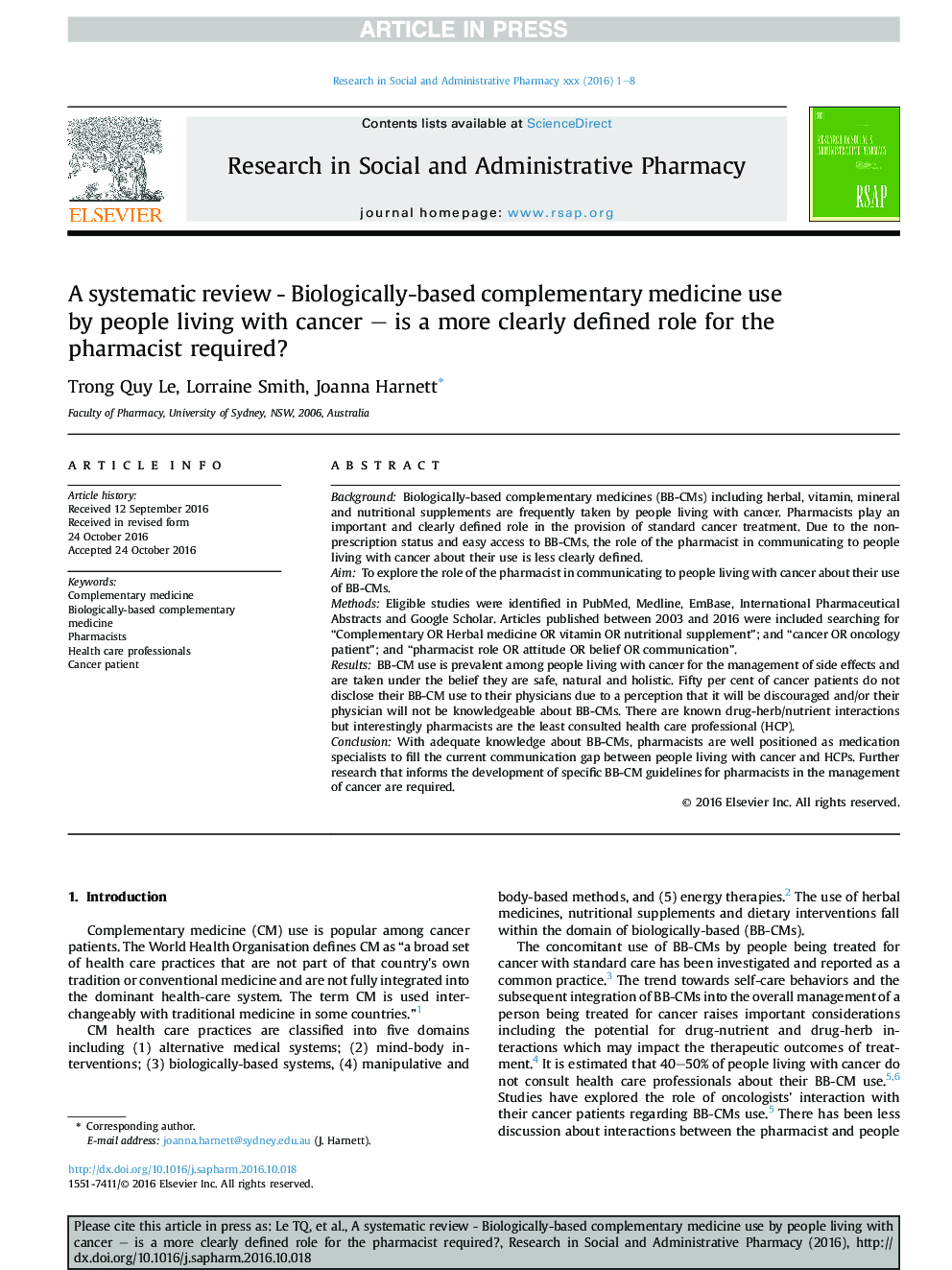 A systematic review - Biologically-based complementary medicine use by people living with cancer - is a more clearly defined role for the pharmacist required?