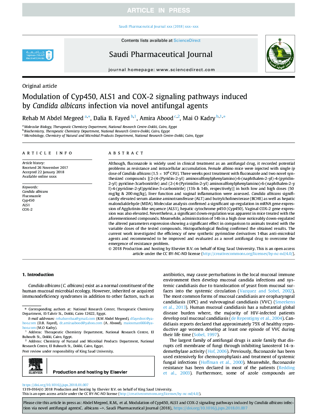 Modulation of Cyp450, ALS1 and COX-2 signaling pathways induced by Candida albicans infection via novel antifungal agents