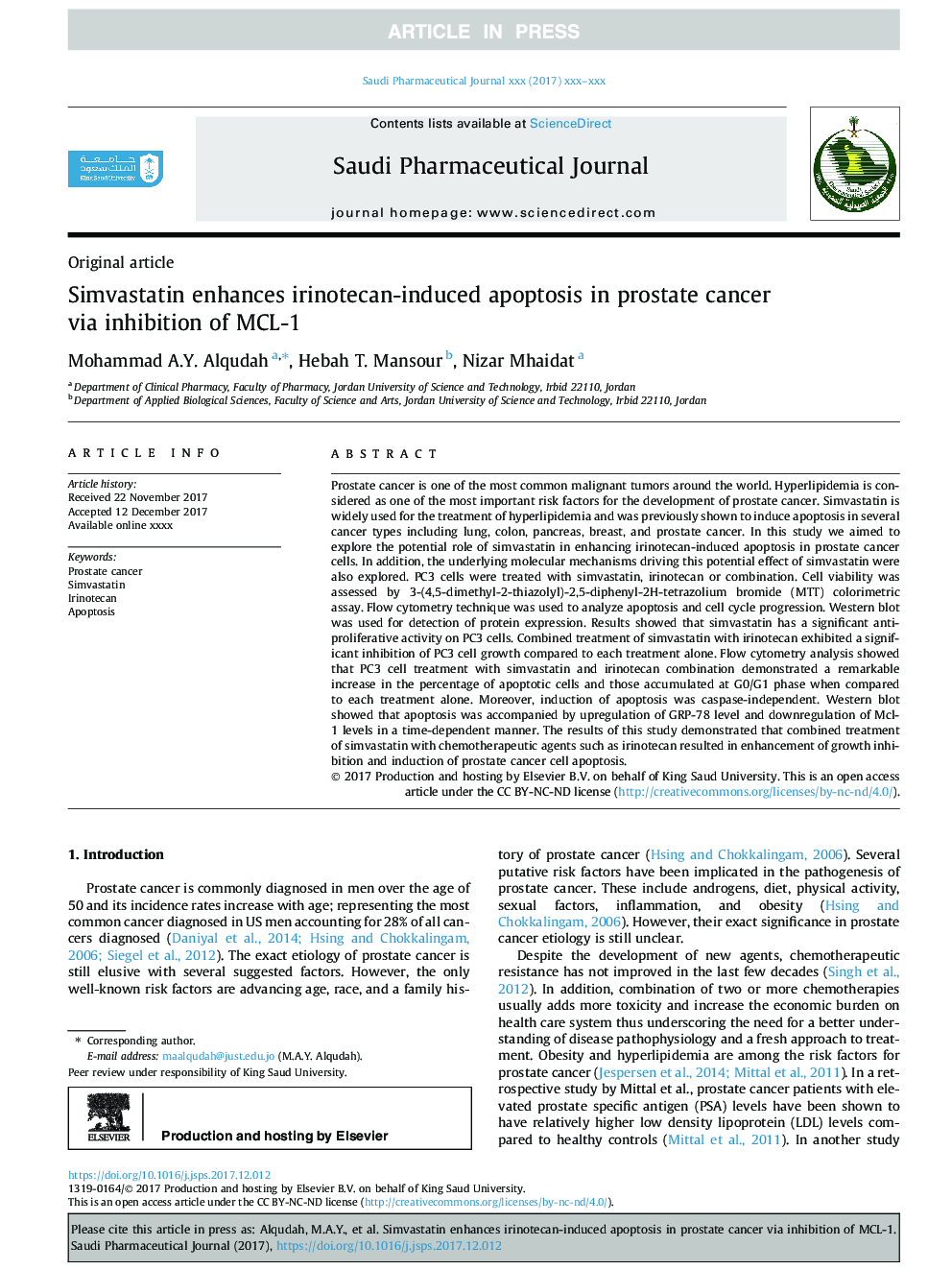 Simvastatin enhances irinotecan-induced apoptosis in prostate cancer via inhibition of MCL-1