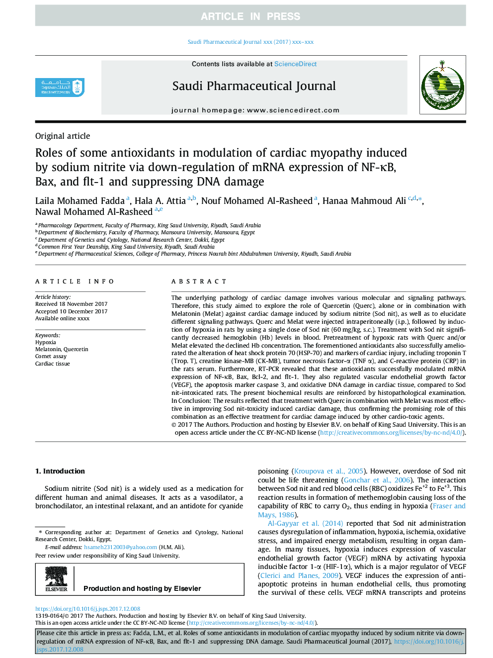 Roles of some antioxidants in modulation of cardiac myopathy induced by sodium nitrite via down-regulation of mRNA expression of NF-ÎºB, Bax, and flt-1 and suppressing DNA damage