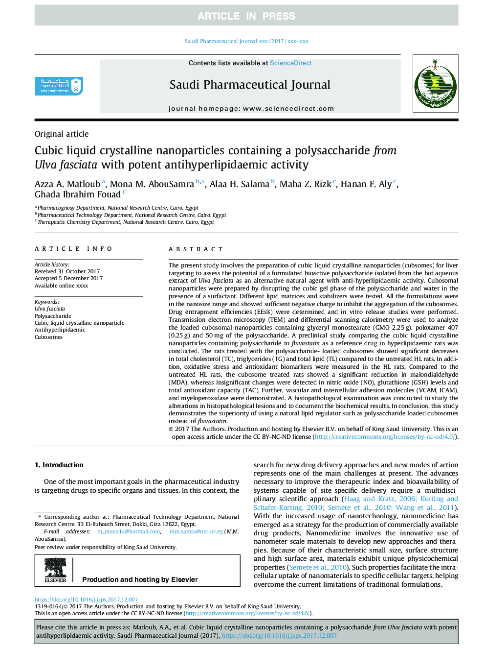 Cubic liquid crystalline nanoparticles containing a polysaccharide from Ulva fasciata with potent antihyperlipidaemic activity