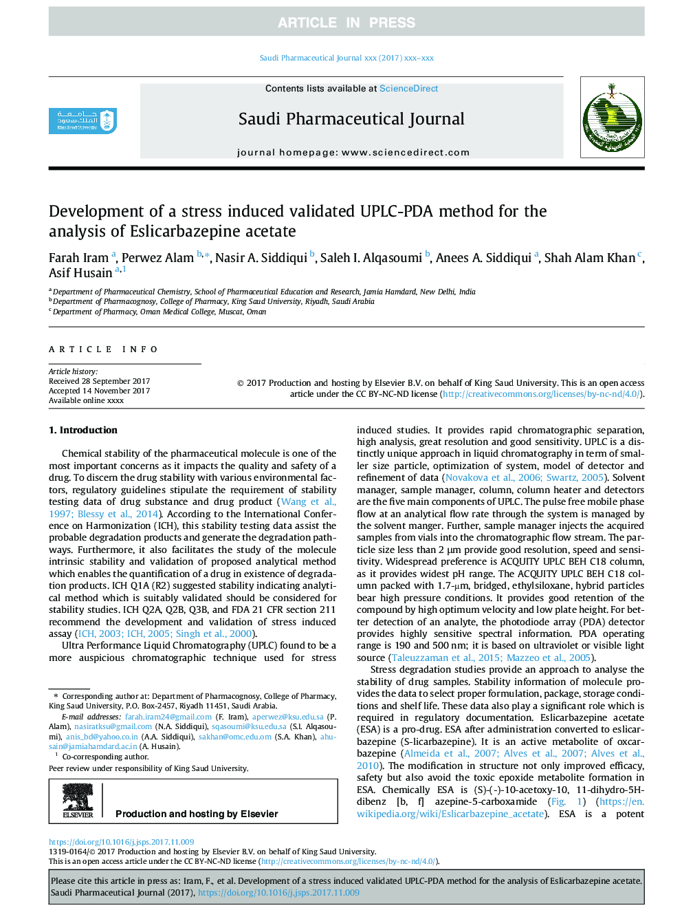 Development of a stress induced validated UPLC-PDA method for the analysis of Eslicarbazepine acetate